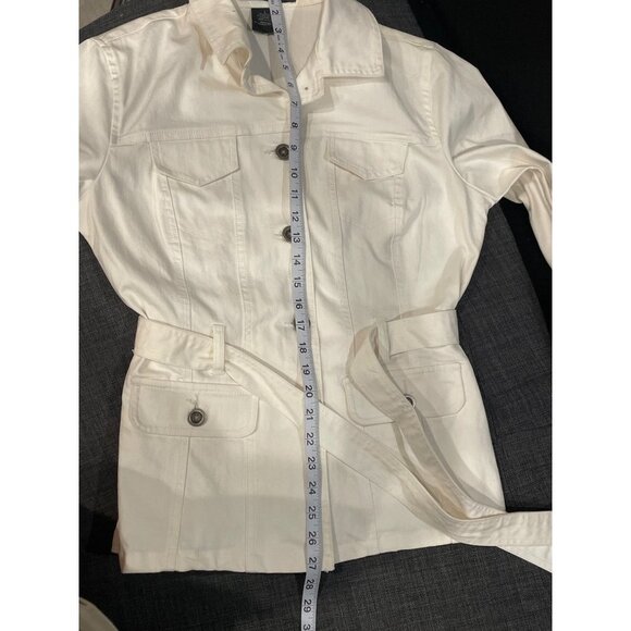 French Cuff White Belted Stretch Denim Buttoned Jacket Sz L - Picture 9 of 10